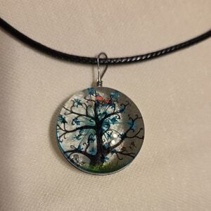 Handmade Tree of Life Round Pendant Necklace - Blue Accents